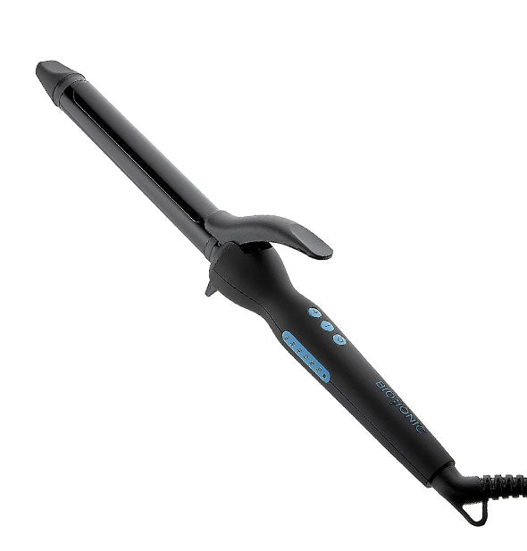 Black Bio Ionic curling iron with blue buttons and logo