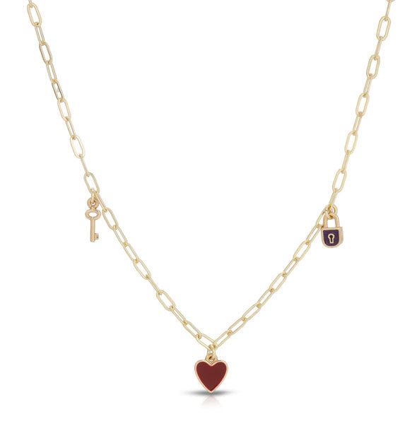 Gold necklace chain with key, red heart, and padlock enamel charms hanging from it