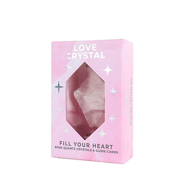 Pink Love Crystal kit box with metallic silver accents and window through which a rose quartz inside is visible