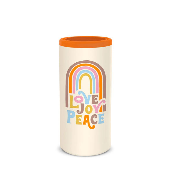 Cream-colored cylindrical drink sleeve with orange rim, colorful rainbow design, and matching "Love Joy Peace" lettering