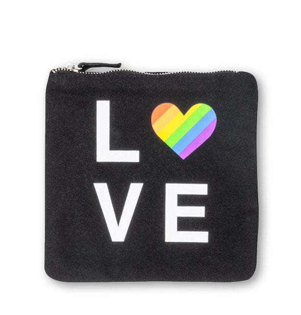 Square black LOVE zipper pouch with rainbow heart detail