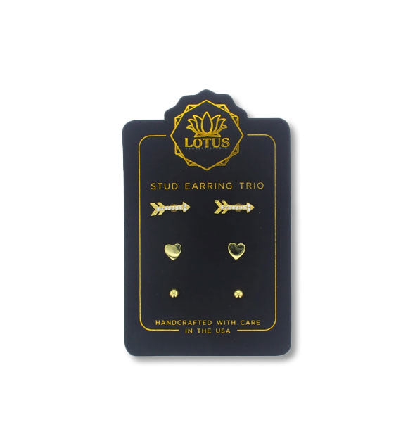 Jewel-encrusted arrow, gold heart, and gold ball stud earrings on Lotus Jewelry Studio card