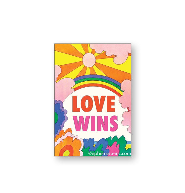 Colorful rectangular magnet with floral and sun design says, "Love Wins" in the center underneath a rainbow