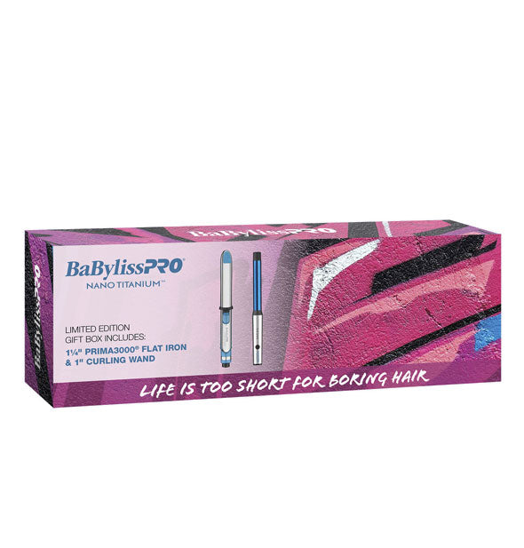 BaBylissPRO Nano Titanium Limited Edition Gift Box features a pink painted cement design and pictures of the two tools included