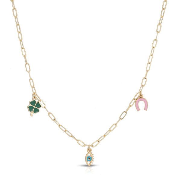 Gold necklace chain with green shamrock, blue eye, and pink horseshoe enamel charms hanging from it