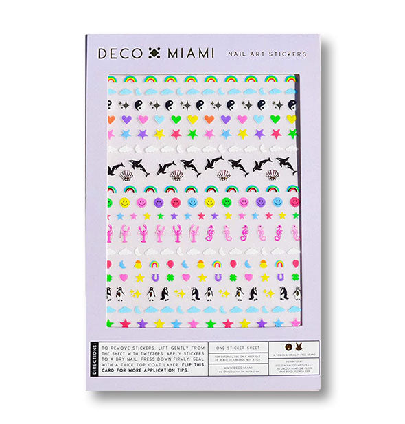 Pack of Deco Miami Nail Art Stickers with clouds, stars, rainbows, smiley faces, and other designs