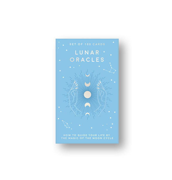 Blue box of Lunar Oracles cards with holographic lettering and symbols