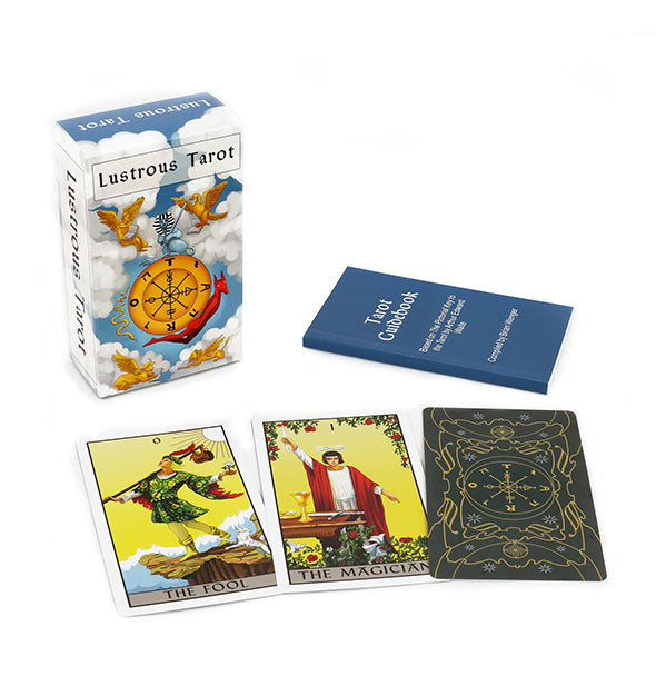 Samples of the Lustrous Tarot deck with Tarot Guidebook shown