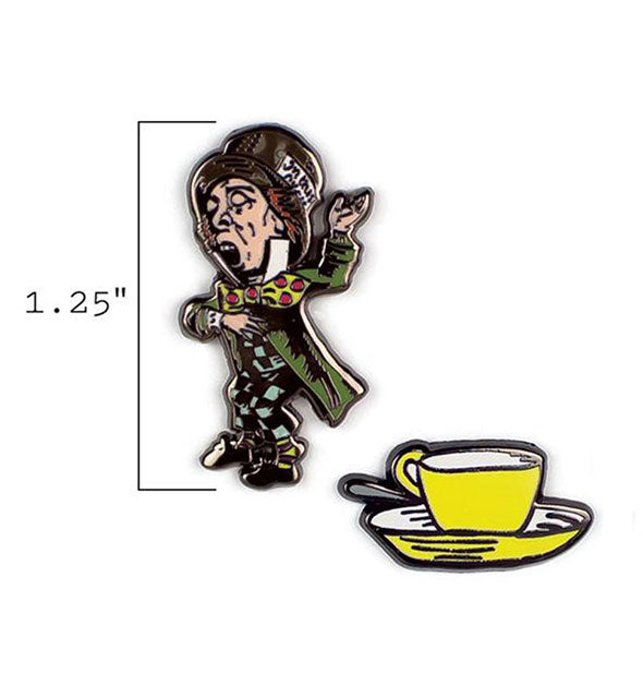 Close up picture of the enamel pins Mad Hatter And Teacup Enamel Pins 