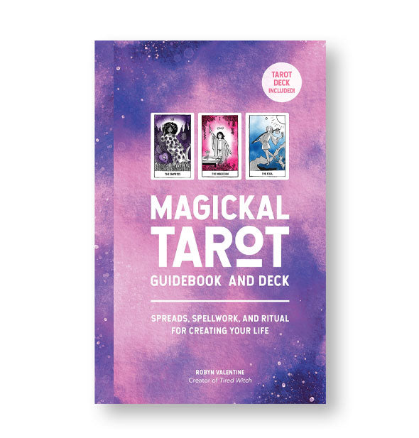 Cloudy purple cover of Magickal Tarot Guidebook and Deck features white lettering, small scattered celestial bodies, and tarot card sample illustrations