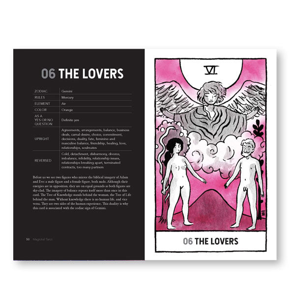 Page spread from the Magickal Tarot Guidebook features a chapter on The Lovers