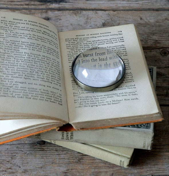 Round magnifying glass sits in the open pages of a book
