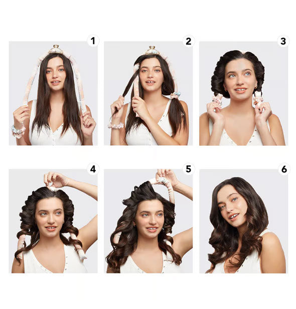 Six-step instructions with pictures for using the Satin Heatless Curling Set by Kitsch
