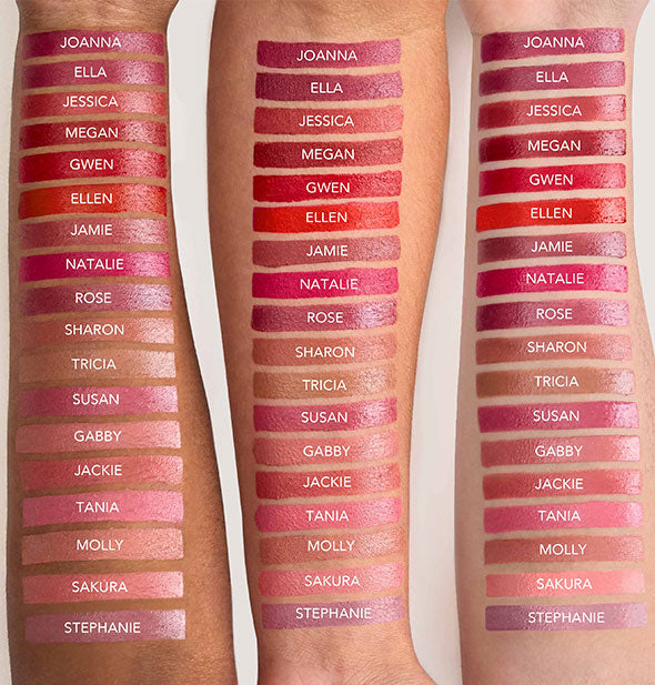 Samples of Jane Iredale Triple Luxe Long Lasting Naturally Moist Lipsticks on three models' arms of varying skin tones.