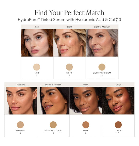 Find Your Perfect Match: HydroPure™ Tinted Serum with Hyaluronic Acid & CoQ10 chart with reference photos and color swatches