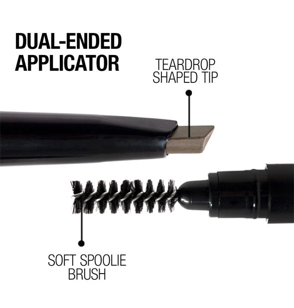 Dual-ended applicator end closeups with teardrop-shaped tip and soft spoolie brush labeled