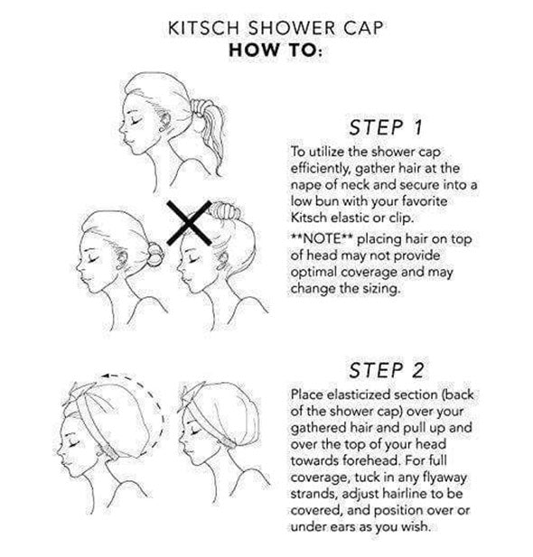 Two-step instructions with diagram for how to wear the Kitsch Luxe Shower Cap.