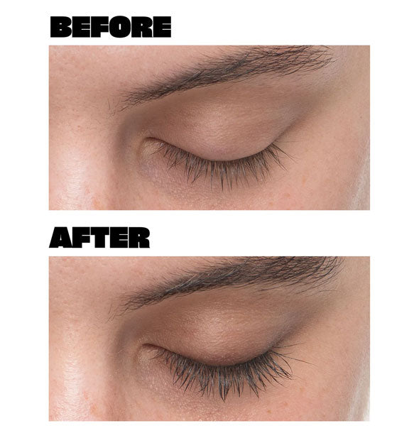 Model's closed eye before and after using Babe Lash Essential Serum shows longer, thicker, darker lashes below