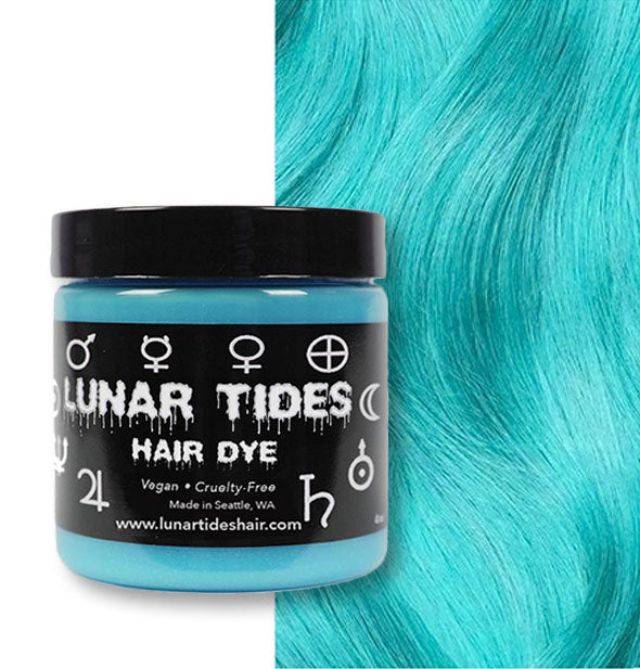 A blue shade of Lunar Tides Hair Dye shown next to a sample result