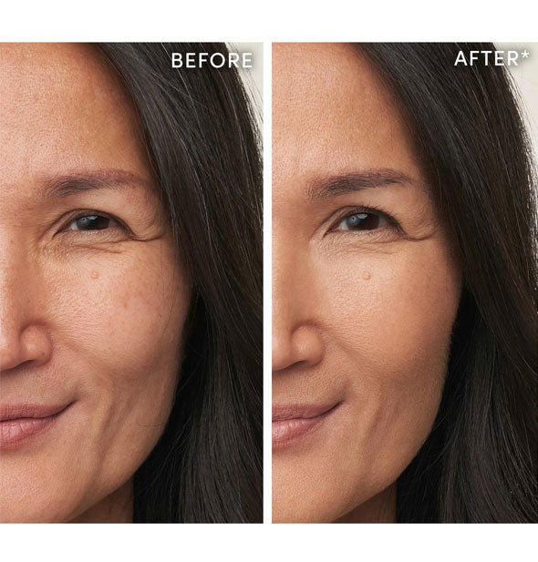 Model before and after applying Jane Iredale Enlighten Plus Under-Eye Concealer