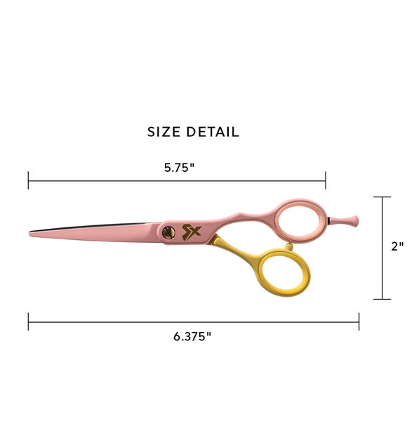 Size detail of a pink and yellow pair of cutting shears shows that they are 2 inches wide by 6.275 inches at longest point