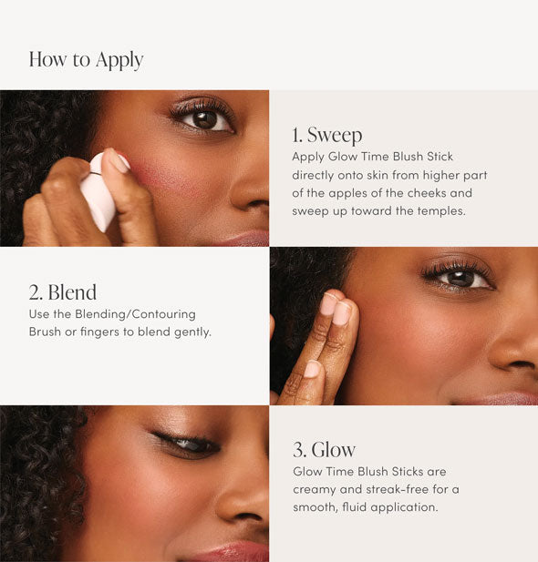 Three-step application process for Jane Iredale's Glow Time Blush Stick