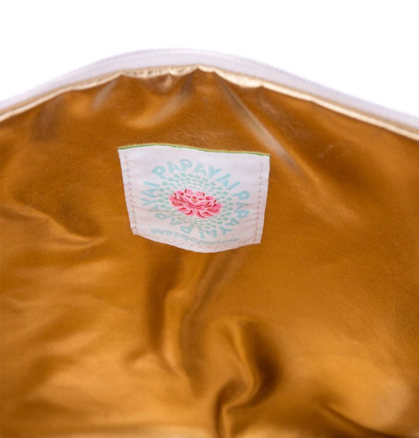 Gold pouch interior with sewn-in label