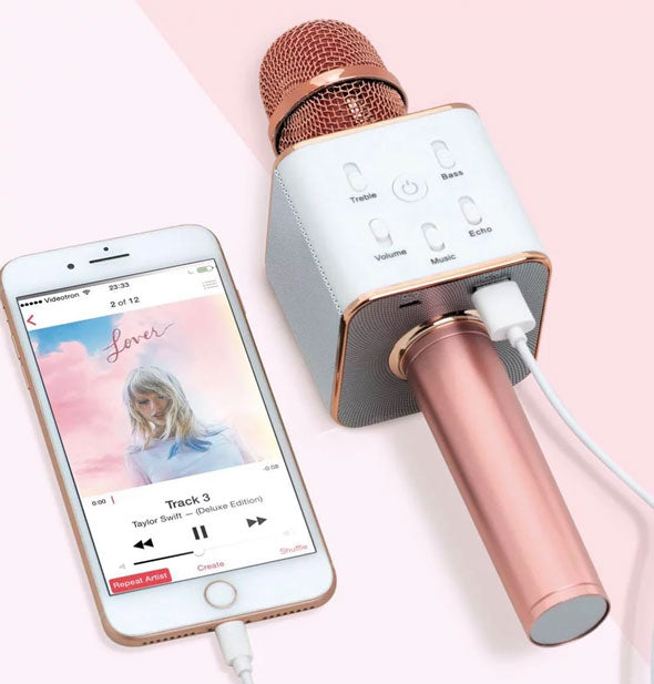 USB karaoke microphone for smart phones shown in rose gold finish