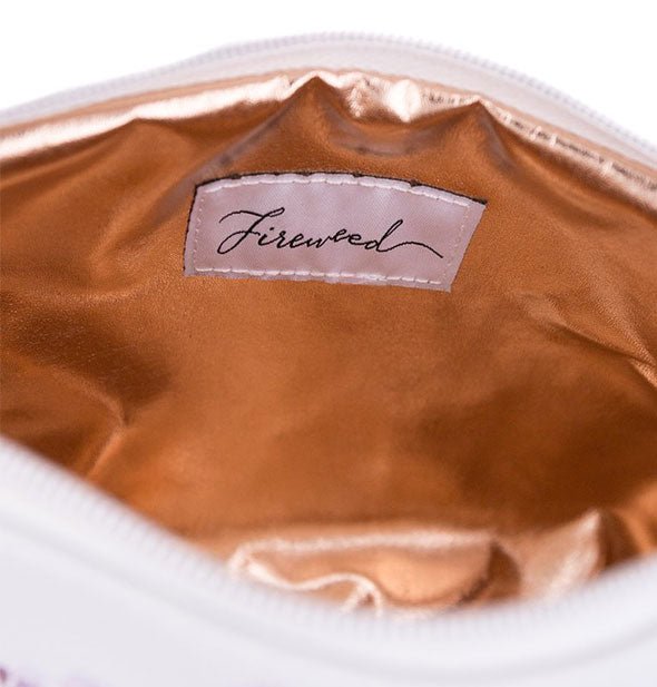 Metallic gold pouch interior with sewn-in Fireweed label shown