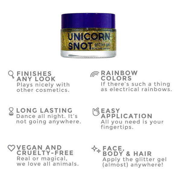 Pot of gold Unicorn Snot Glitter Gel is captioned with its key benefits accented by infographics: Finishes any look; Rainbow colors; Long lasting; Easy application; Vegan and cruelty-free; Face, Body & Hair