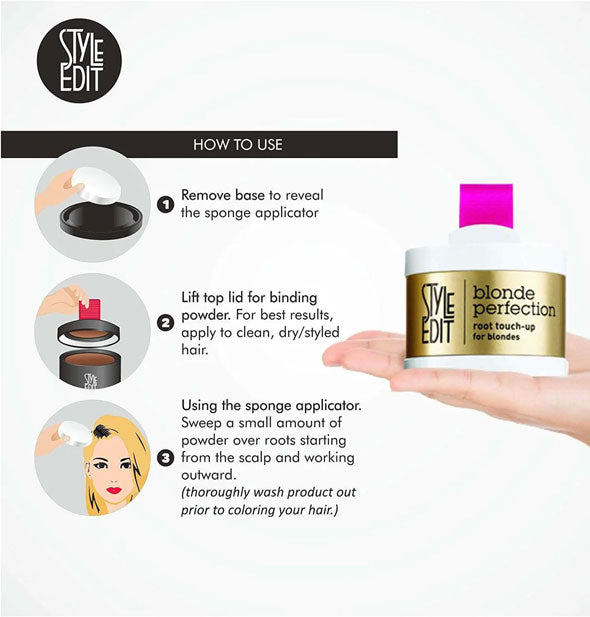 Three-step usage instructions for Style Edit Blonde Perfection Root Touch-Up for Blondes