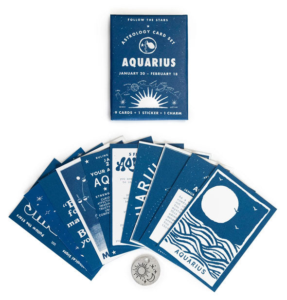 Follow the Stars Aquarius Astrology Card Set pack with included cards and charm shown