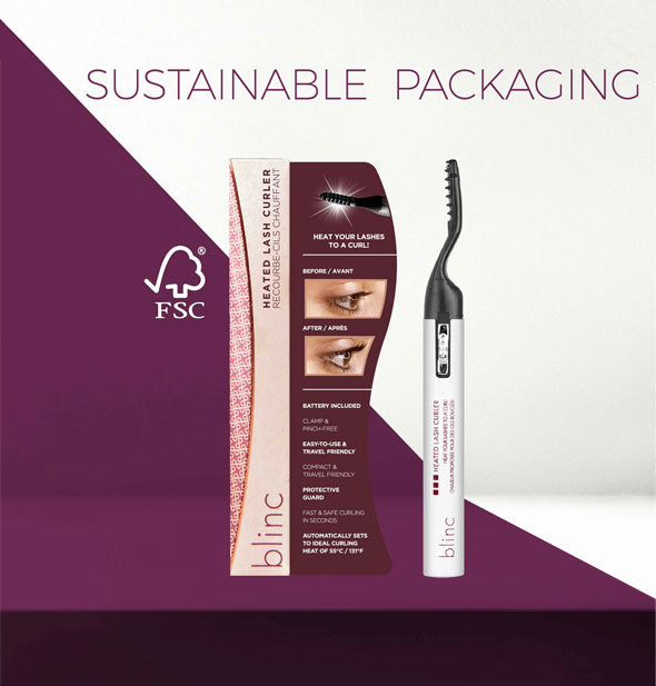 Blinc Heated Lash Curler with box are labeled, "Sustainable packaging" with FSC certification logo