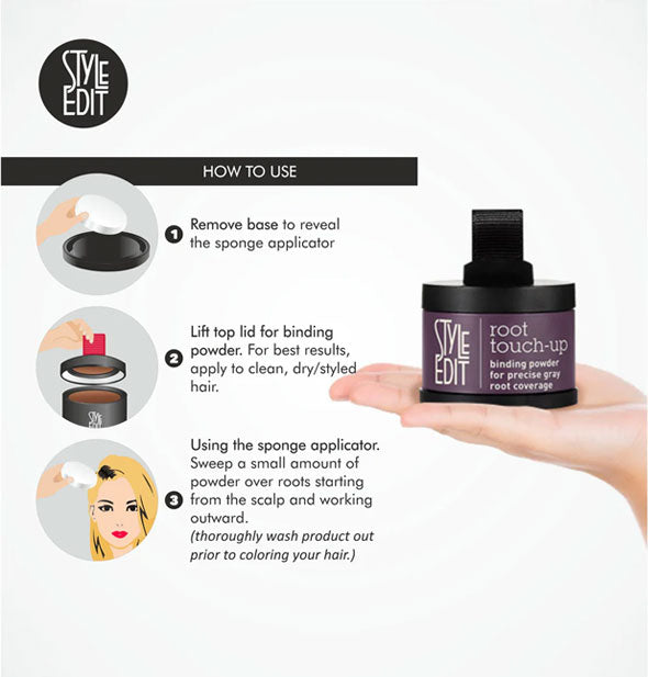 Three-step usage instructions for Style Edit Root Touch-Up Binding Powder for Precise Gray Root Coverage