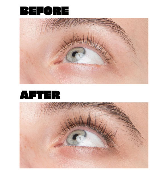 Model's opened eye before and after using Babe Lash Essential Serum shows longer, thicker, darker lashes below