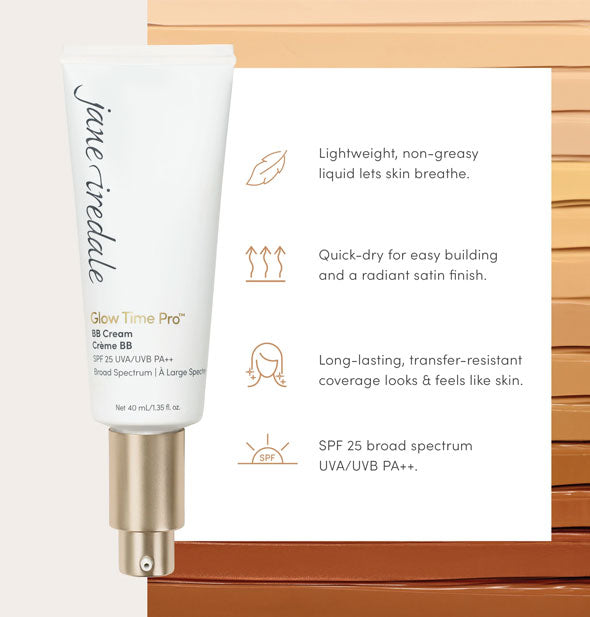 Key benefits of Jane Iredale's Glow Time Pro BB Cream next to bottle with cap removed to show nozzle