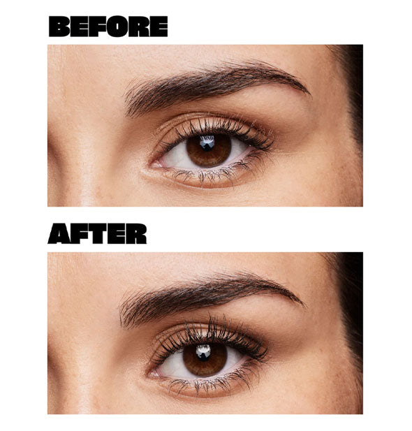 Model's eye shown before and after applying Babe Lash Enriching Mascara