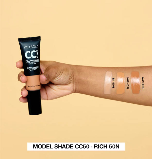 Model's arm wears labeled applications of Tan 41N, Rich50N, and Rich 51W Palladio CC Cream shades and holds a tube of product in hand