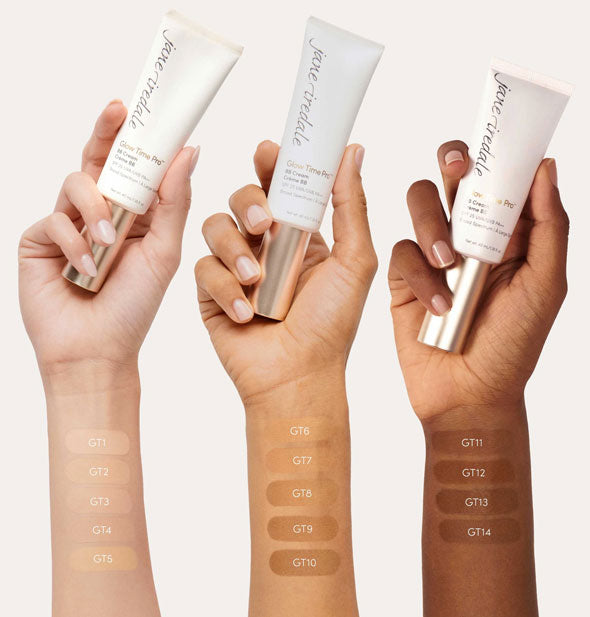 Three models' arms in light, medium, and dark pigmentations with shades of Jane Iredale's  Glow Time Pro BB Cream shades applied 