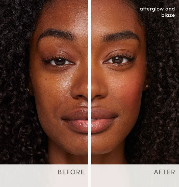 Side-by-side comparison of model's skin before and after applying Jane Iredale's Glow Time Blush and Bronzer Sticks using shades Afterglow and Blaze respectively