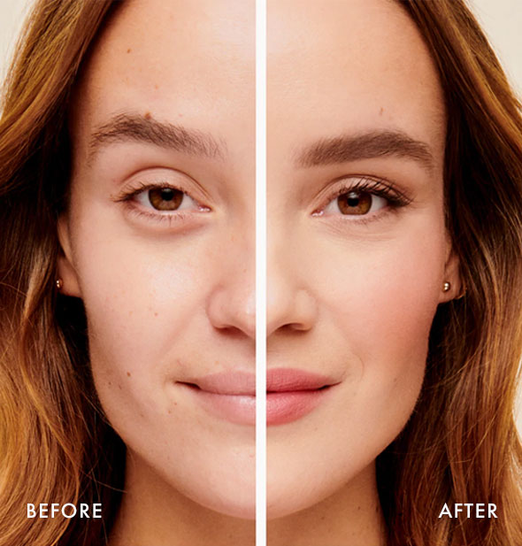 Model before and after an application of Jane Iredale's Glow Time Pro BB Cream