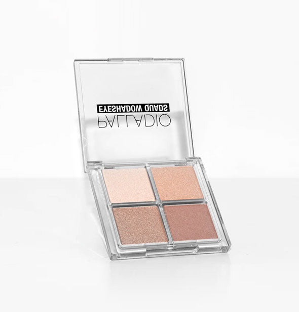 Clear square Palladio Eyeshadow Quad palette shown open and featuring four pinky-nude shades