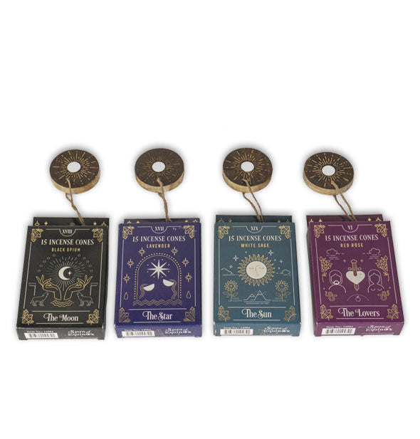 Four packs of 15 Incense Cones with tarot-themed packaging representing The Moon, The Star, The Sun, and The Lovers, each with a wooden disc attached
