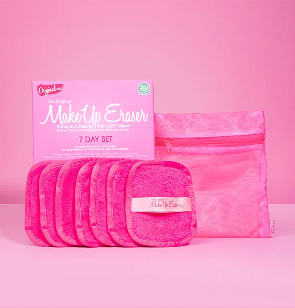 Original pink Makeup Eraser 7 Day Set box with contents: seven pink microfiber cloths and pink zipper pouch