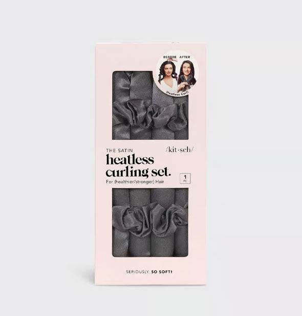 The Satin Heatless Curling Set by Kitsch with product shown through windows in packaging