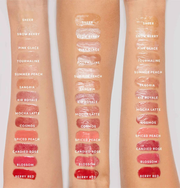 Three models' arms with labeled color swatches for each Jane Iredale HydroPure Lip Gloss shade