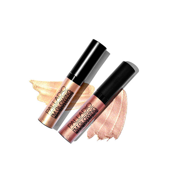 Two tubes of Palladio I'm Glowing highlighter with sample color swatches behind