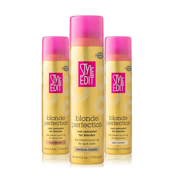 Three pink and gold cans of Style Edit Blonde Perfection Root Concealer for Blondes in Dark Blonde, Medium Blonde, and Light Blonde from left to right