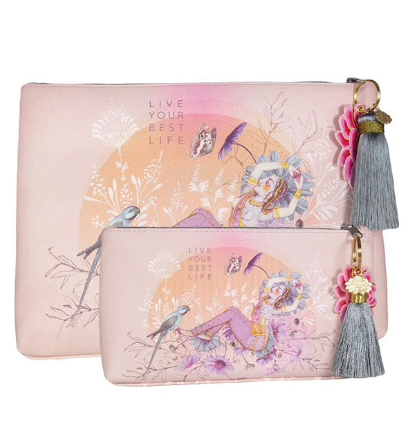 Large and small blush colored pouches with goddess illustration and blue-gray tassels