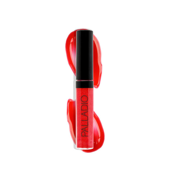 Palladio lip gloss tube in a red shade with color swatch behind